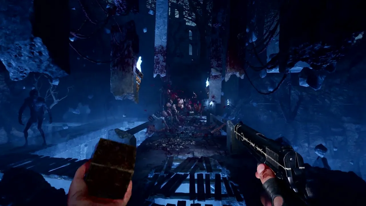 Aidan crosses a blue-lit Labyrinth walkway with the Genesis Configuration in one hand and a pistol in the other
