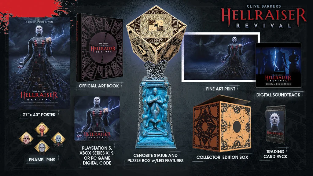 Cenobite Collector's Edition contents laid out: poster, art book, enamel pins, LED puzzle box statue, fine art print, soundtrack, box and trading cards