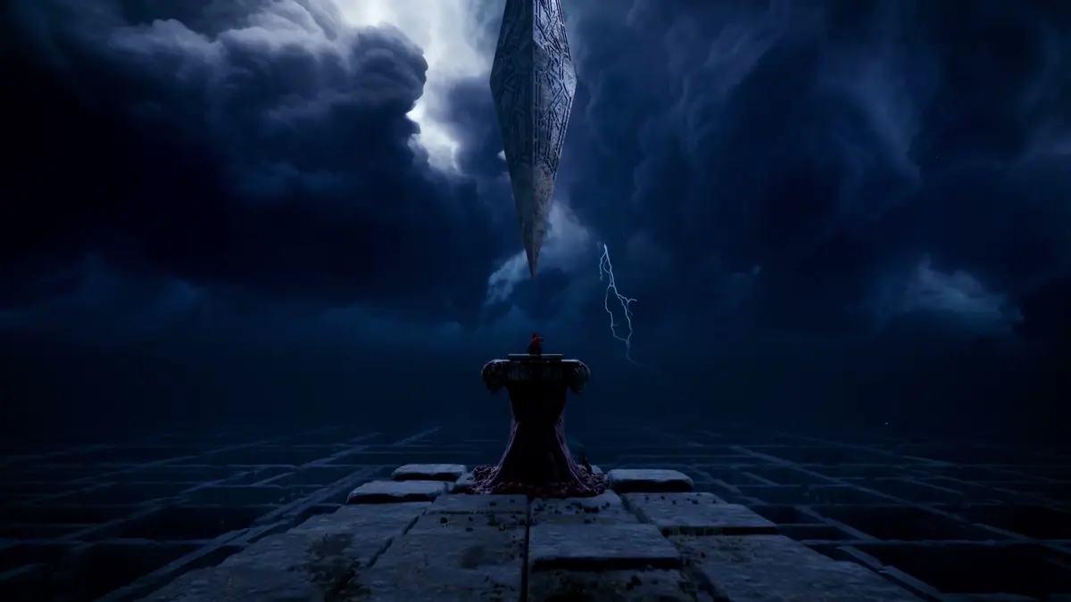 A stone platform beneath storm clouds with a dark column hanging over the Labyrinth
