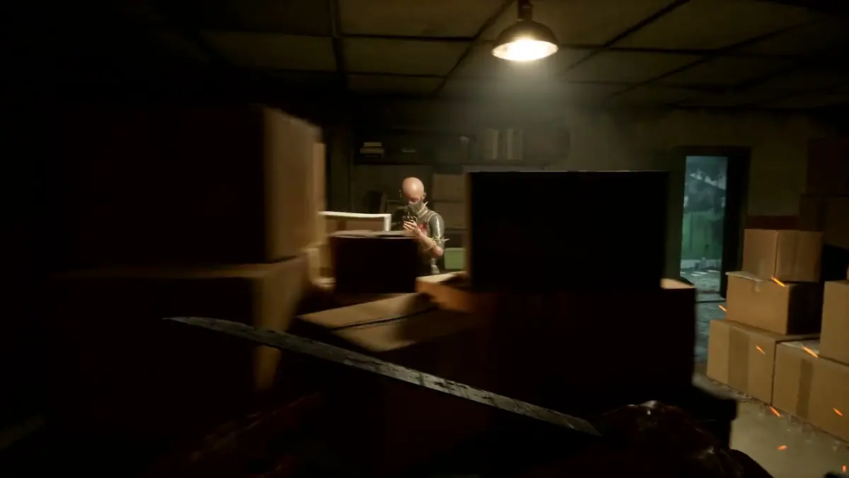 A bald figure seated among stacked boxes in a dim storeroom, a blade raised in the foreground