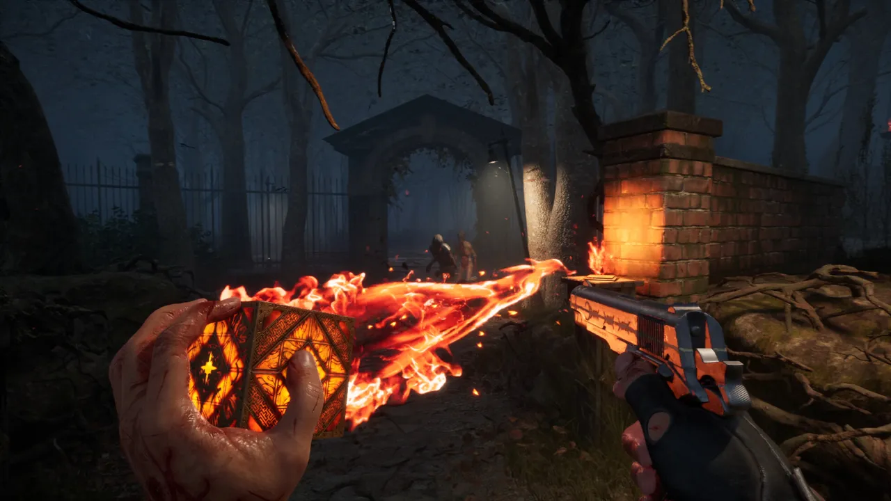 Genesis Configuration spitting fire toward a graveyard gate archway with a pistol in the other hand