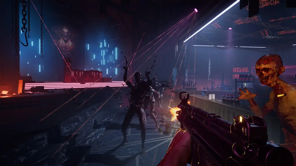 Player firing a submachine gun at enemies inside a neon-lit nightclub in Hellraiser Revival