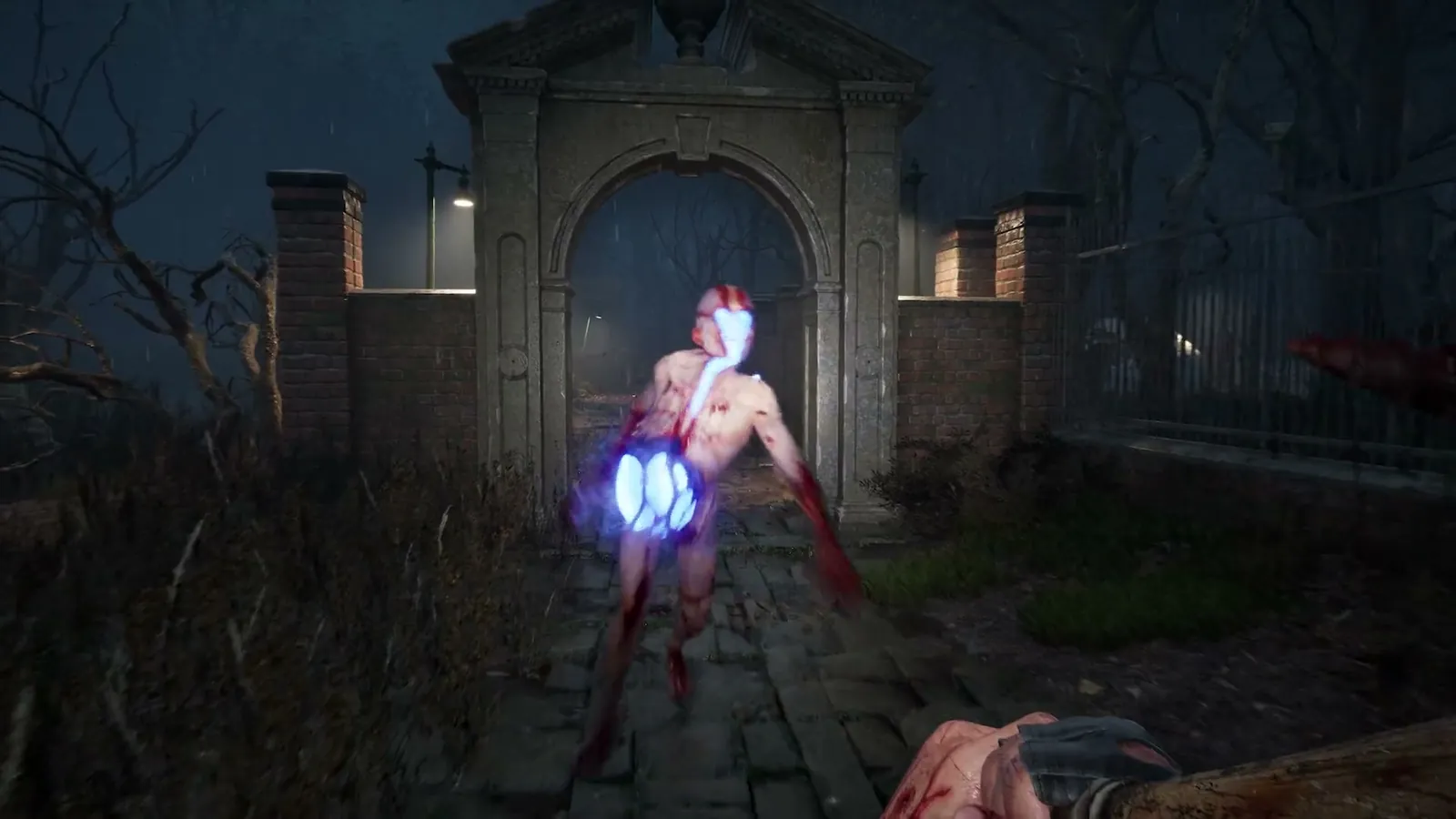 Cenobite wreathed in blue Genesis energy charging through a graveyard gate